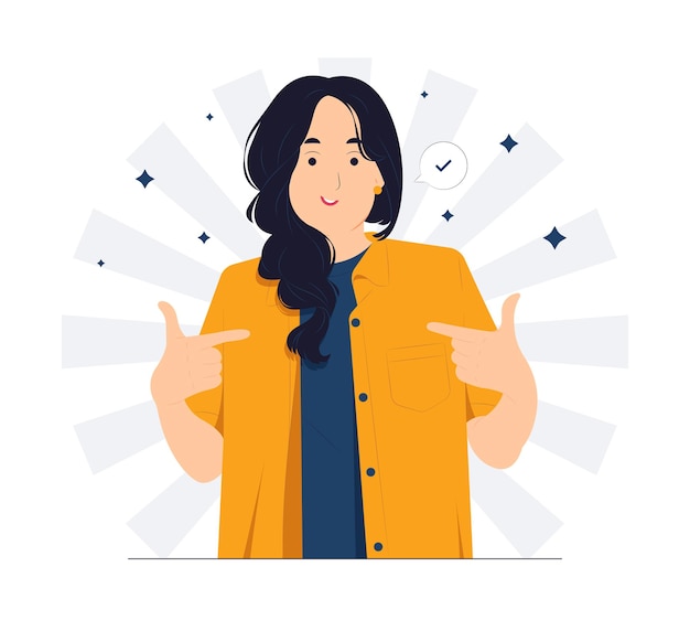 Successful business woman dressed in stylish suit with confidence pointing herself with fingers proud and happy high self esteem concept illustration