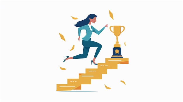 successful business woman reaches the last tier of the stairs winning the trophy in the style