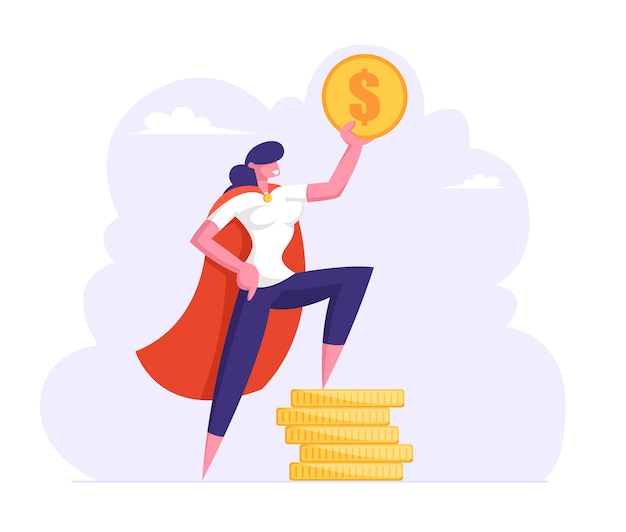 Successful Business Woman in Super Hero Cloak Hold Golden Dollar Stand on Stack of Gold