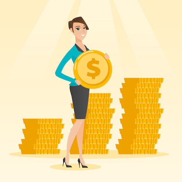 Successful business woman with dollar coin.