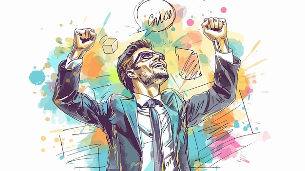 Vector successful businessman celebrating achievement with excitement mixed media concept