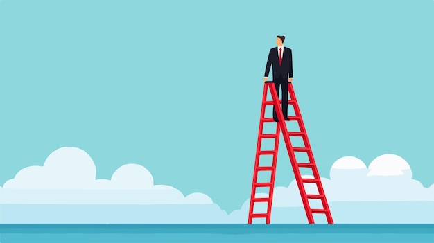 Vector successful businessman climbing ladder flat vector illustration