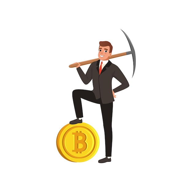 Successful businessman holding pickaxe on shoulder and one leg on golden bitcoin. Self-confident young man in black formal suit. Cryptocurrency mining concept. Flat vector isolated on white background