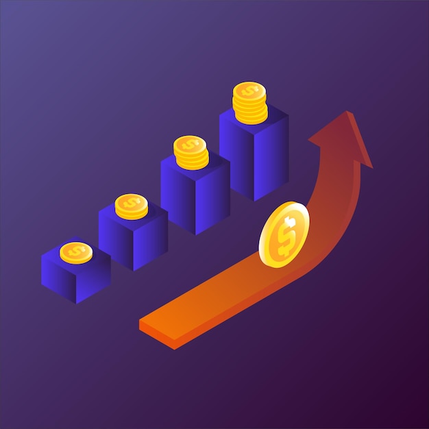 Successful businessman investing the bitcoin with increasing the rate. 3D isometric vector illustrat