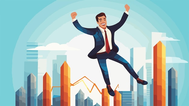 Vector successful businessman jumping over growth graph in cartoon style vector illustration