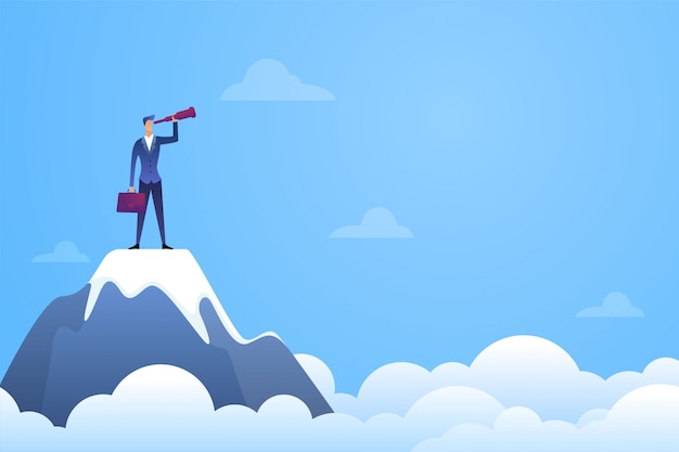 Successful businessman looks into a telescope on top of mountain. Symbol of recruitment and hiring flat illustration