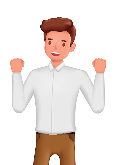 Successful businessman raising hands victory pose character design 3d vector illustration