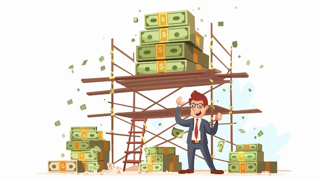 Vector successful businessman stacks money on collapsing pile financial crisis concept