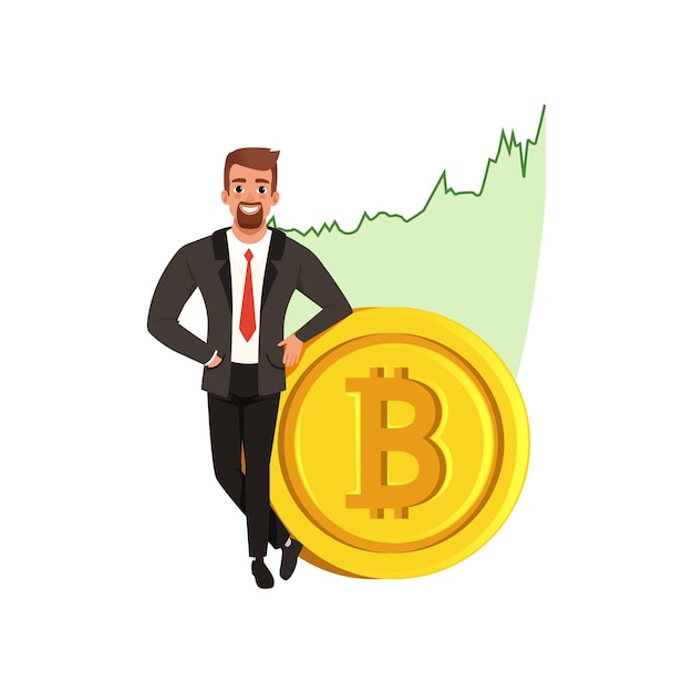 Successful businessman standing near golden bitcoin, growing graph on background. Cartoon man character in formal suit. Cryptocurrency trading. Virtual money and finance theme. Flat vector design.