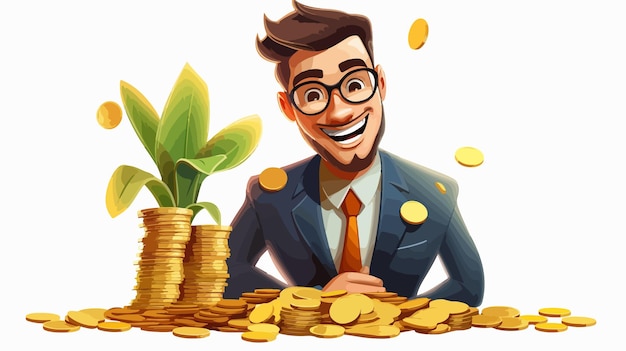 Vector successful businessman with money plant cartoon character