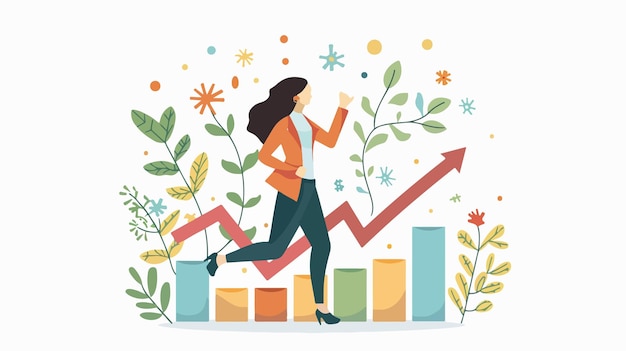 Vector successful businesswoman carrying large increasing graph chart