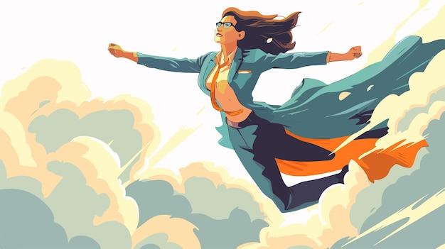 Vector successful businesswoman flying up into the sky