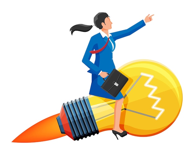 Successful businesswoman sits on flying rocket light bulb Concept of creative idea or inspiration business start up Glass bulb with spiral in flat style Vector illustration