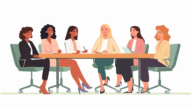 Successful businesswoman sitting confidently surrounded by happy female colleagues in office setting