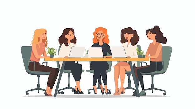 Successful businesswoman sitting confidently surrounded by happy female colleagues in office setting