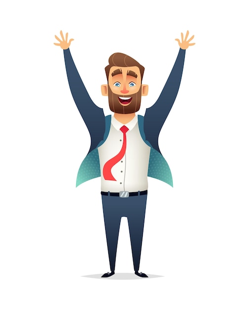 Successful charming businessman character celebrates victory Man is delighted raised his hands up