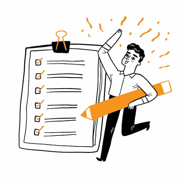 Successful completion of business tasks Positive businessman with a giant pencil nearby marked checklist on a clipboard paper Hand drawn vector illustration doodle style