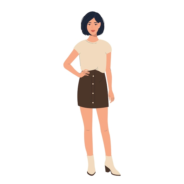 Successful confident girl in a flat hand belted style with stylish clothes on a white background