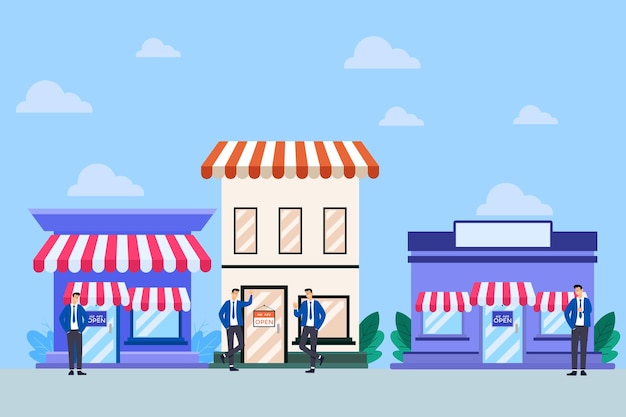 successful entrepreneur with small retail shop or storefront Small business idea Illustration