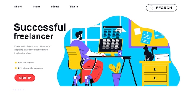 Successful freelancer concept for landing page template Man developer works on computer on project online earning profit people scene Vector illustration with flat character design for web banner