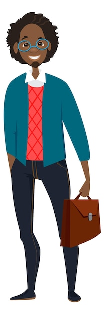 Successful male character Smart black guy with briefcase