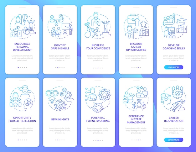 Successful mentoring program blue gradient onboarding mobile app screen set