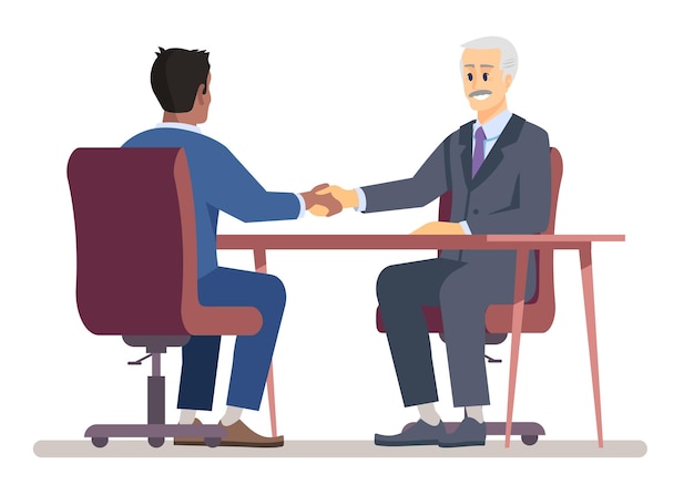 Successful negotiation semi flat RGB color vector illustration. People shake hands isolated cartoon characters on white background