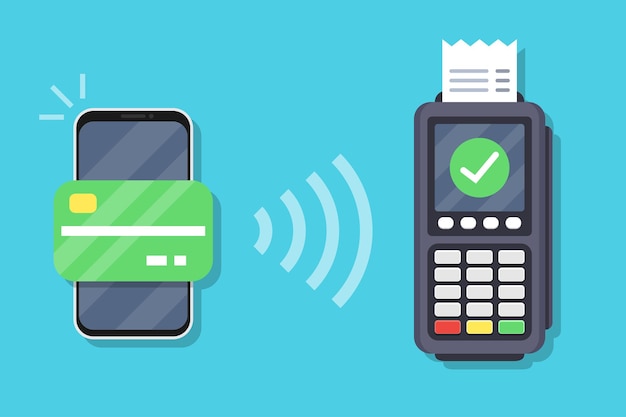 Successful payment operation. POS terminal confirms the payment by smartphone. Smartphone with mobile payment