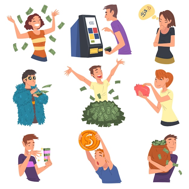 Successful rich people enjoying their wealth set men and women carrying moneybags throwing banknotes