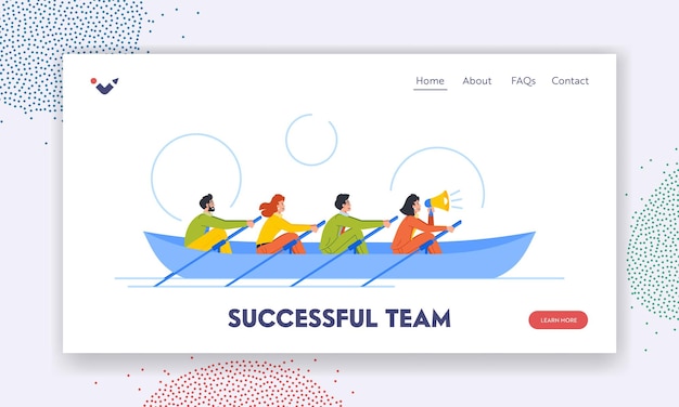 Successful Team Landing Page Template People Rowing Together in Boat Concept of Growth Renewal And Development