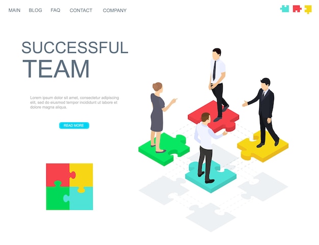 Successful teamwork concept website banner. Isometric view. Puzzle and businessmen isolated on white background.