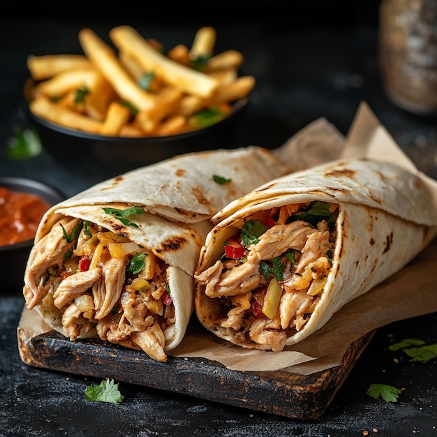 Succulent Chicken Shawarma Wrap A Middle Eastern Delight with Crispy Fries and Tangy Toppings