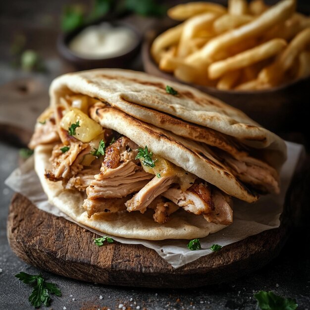 Vector succulent chicken shawarma wrap a middle eastern delight with crispy fries and tangy toppings