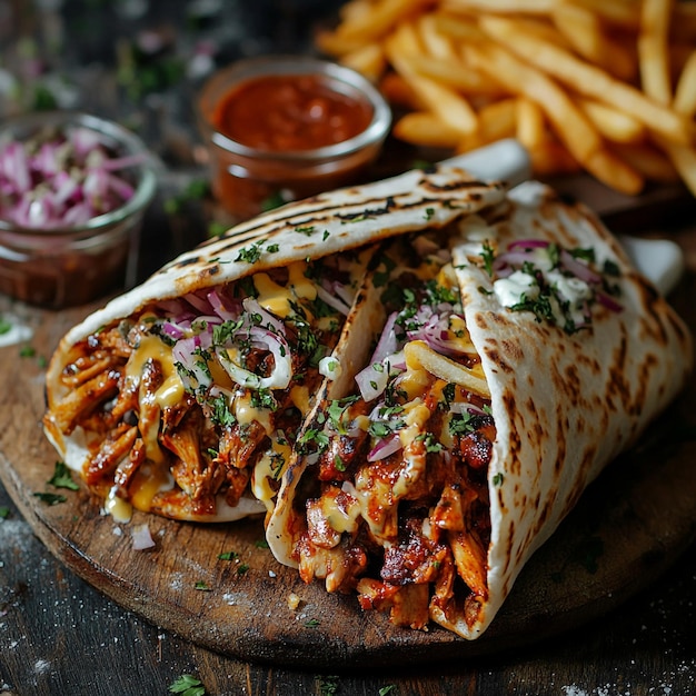 Vector succulent chicken shawarma wrap a middle eastern delight with crispy fries and tangy toppings