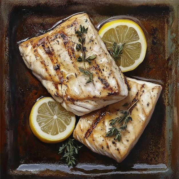 Vector succulent grilled fish fillets a zesty mediterranean delight with lemon and fresh herbs