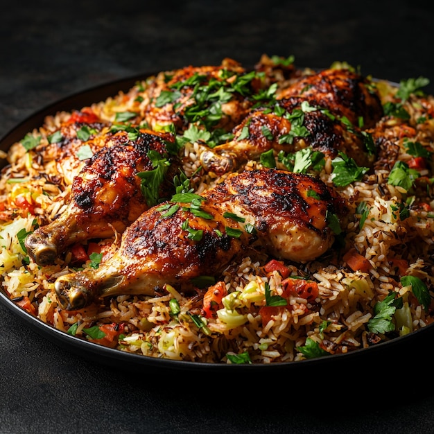 Vector succulent spiced chicken thighs nestled on a bed of aromatic rice a middle eastern culinary delight