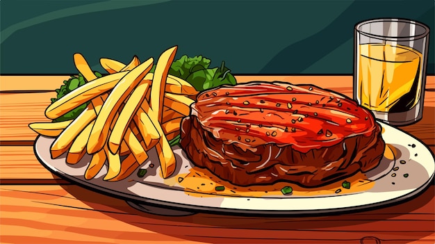 Vector succulent steak and crispy fries on wooden table