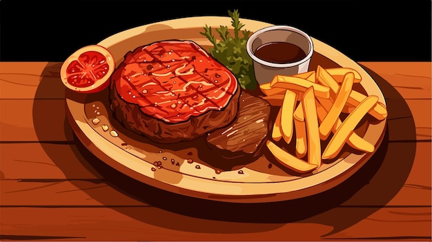 Vector succulent steak and crispy fries on wooden table