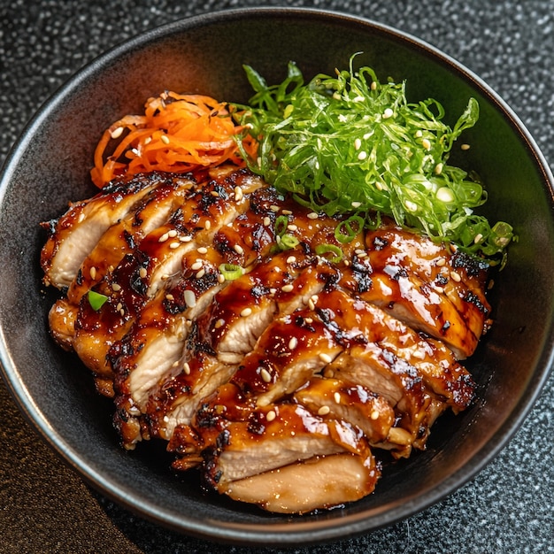 Vector succulent teriyaki chicken bowl glazed slices atop steaming rice with sesame and green onion garnish