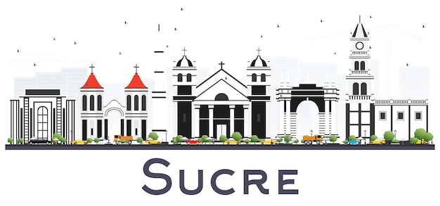 Sucre Bolivia City Skyline with Gray Buildings Isolated on White. Vector Illustration. Business Travel and Tourism Concept with Historic Architecture. Sucre Cityscape with Landmarks.