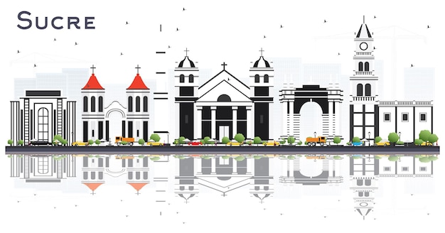 Sucre Bolivia City Skyline with Gray Buildings and Reflections Isolated on White. Vector Illustration. Business Travel and Tourism Concept with Historic Architecture. Sucre Cityscape with Landmarks.