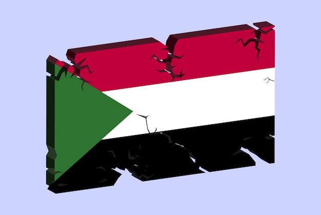 Sudan flag on 3D cracked wall vector fracture pattern with cracked texture issues concept