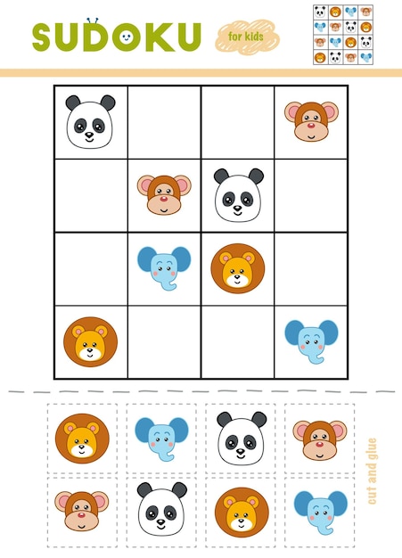 Sudoku for children, education game. Cartoon animals - Monkey, Lion, Elephant, Panda. Use scissors and glue to fill the missing elements