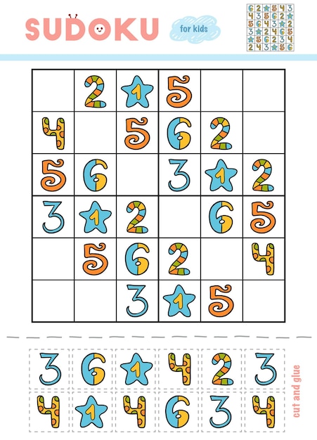 Sudoku for children education game Set of cartoon numbers Use scissors and glue