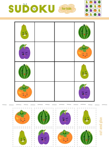 Sudoku for children education game Set of fruits with faces Use scissors and glue to fill elements