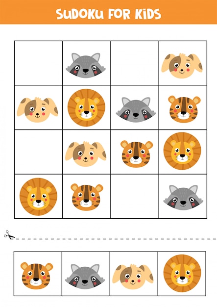 Sudoku game for children. Cute faces of animals.