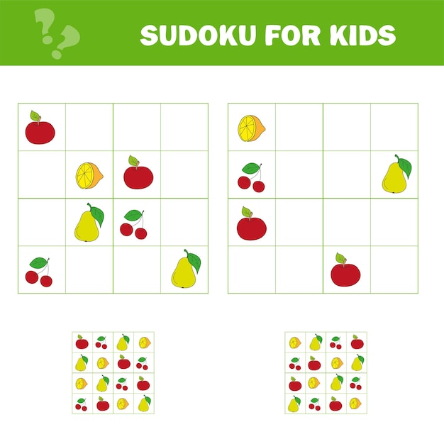 Sudoku game for children with pictures. Kids activity sheet. Cartoon fruits. Puzzle game for children and toddler. Logical thinking training.