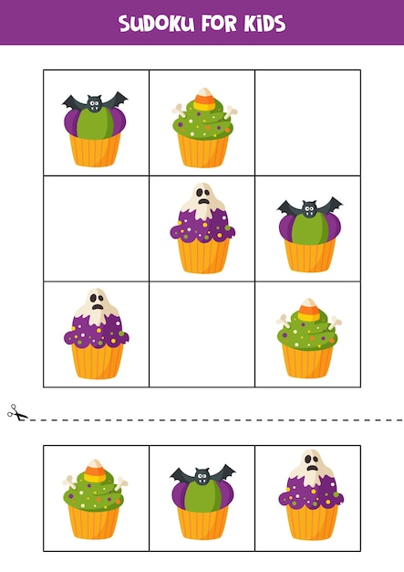 Sudoku game for kids with cartoon Halloween cupcakes.