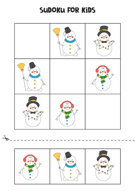 Sudoku game for kids with cute cartoon snowmen.