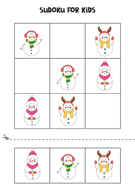 Sudoku game for kids with cute cartoon snowmen.